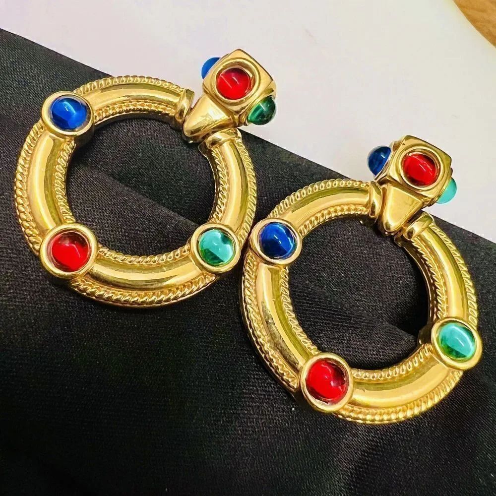 Vintage Mogul Jewels Gripoix Dangle Door Knocker Gold Red Blue Green Earrings